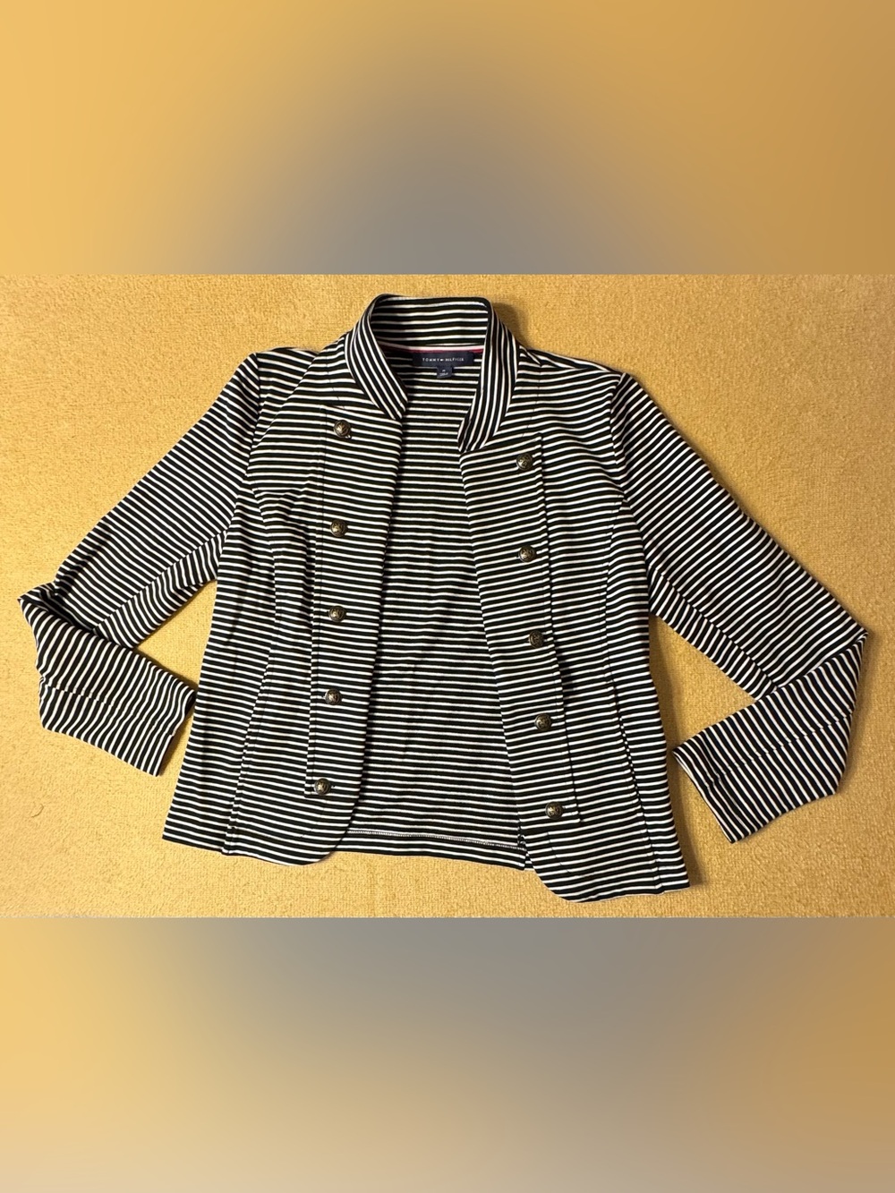 Tommy Hilfiger Black and White Striped Double-Breasted Blazer